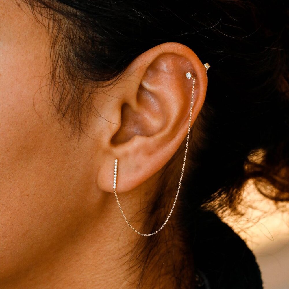 18K YG Diamond Bar and Stud Chain Earring Single